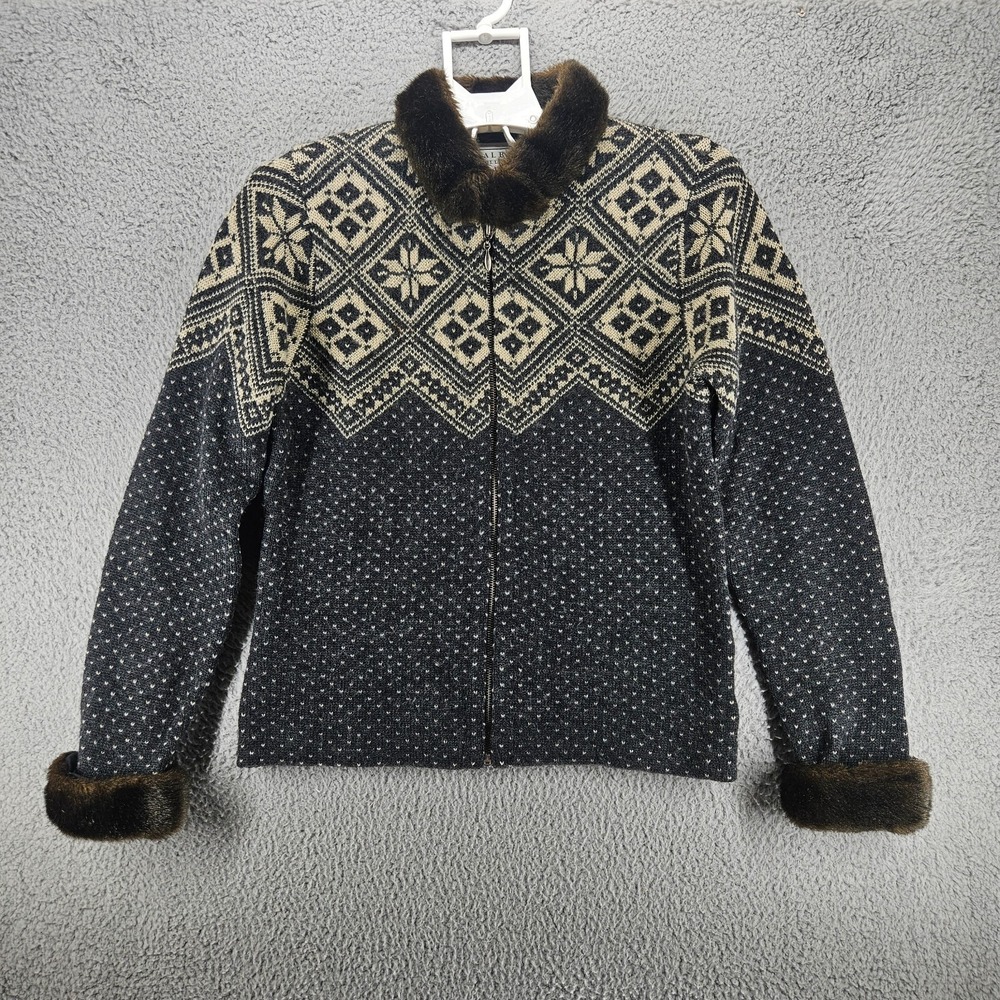 Talbots Collection Small Sweater Knit Faux Fur Collar Cuff Wool Fair Isle Aztec